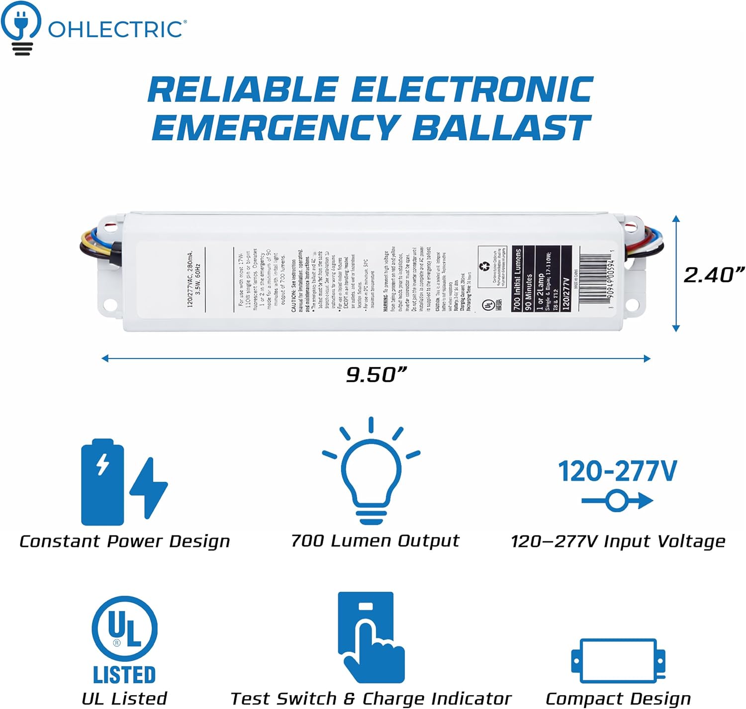 OHLECTRIC Emergency Ballast Replacement for PS600QD MVOLT - 700 Lumen Output - 90-Minute Backup for T5, T8, T12 & CFL Lamps | 120/277V Input