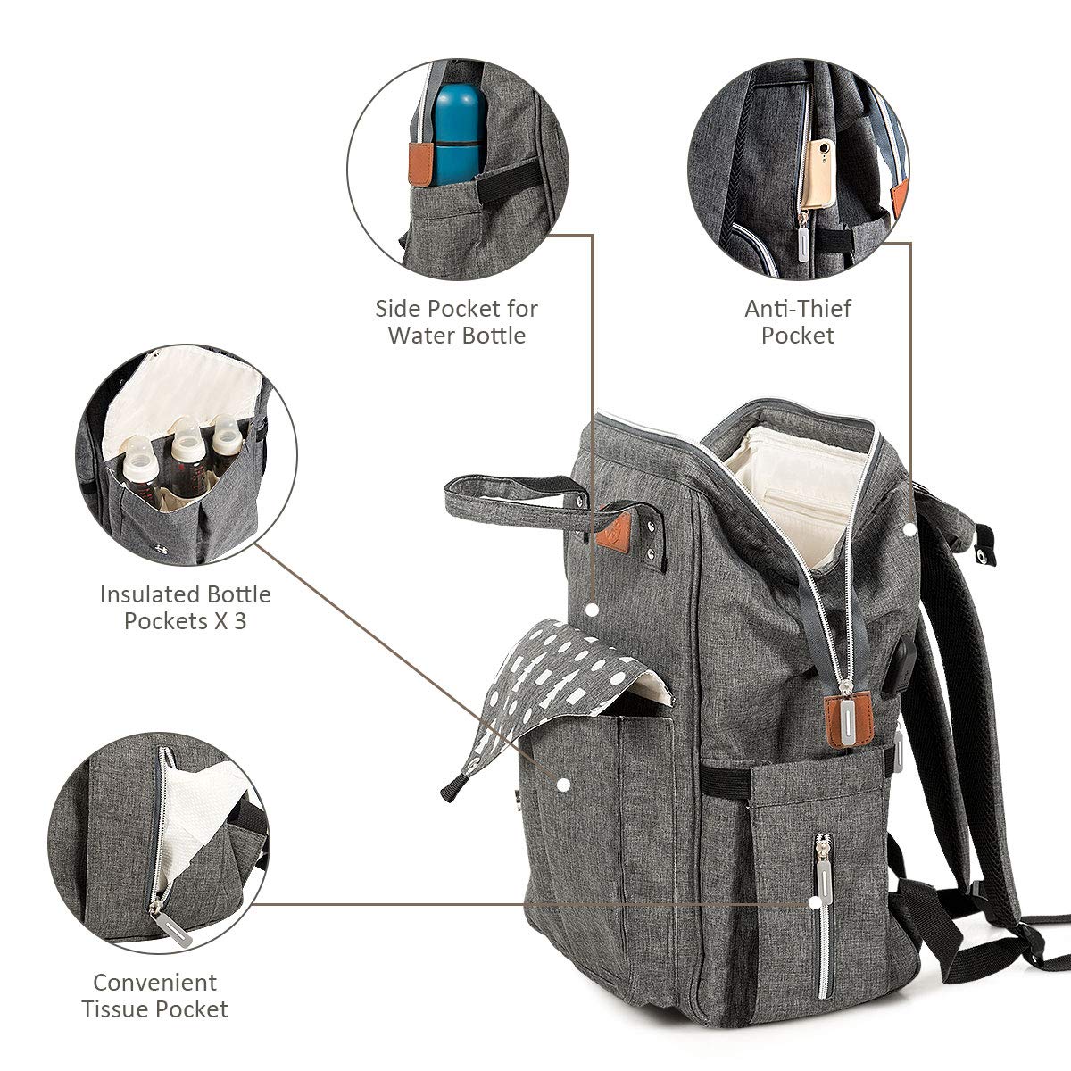 BABY JOY Diaper Bag Backpack, Waterproof Stylish Multifunction Large Capacity Travel Back Pack, Maternity Nappy Bag for Baby Care W/Stroller Straps, Changing Pad, Built-in USB Charging Port, Gray