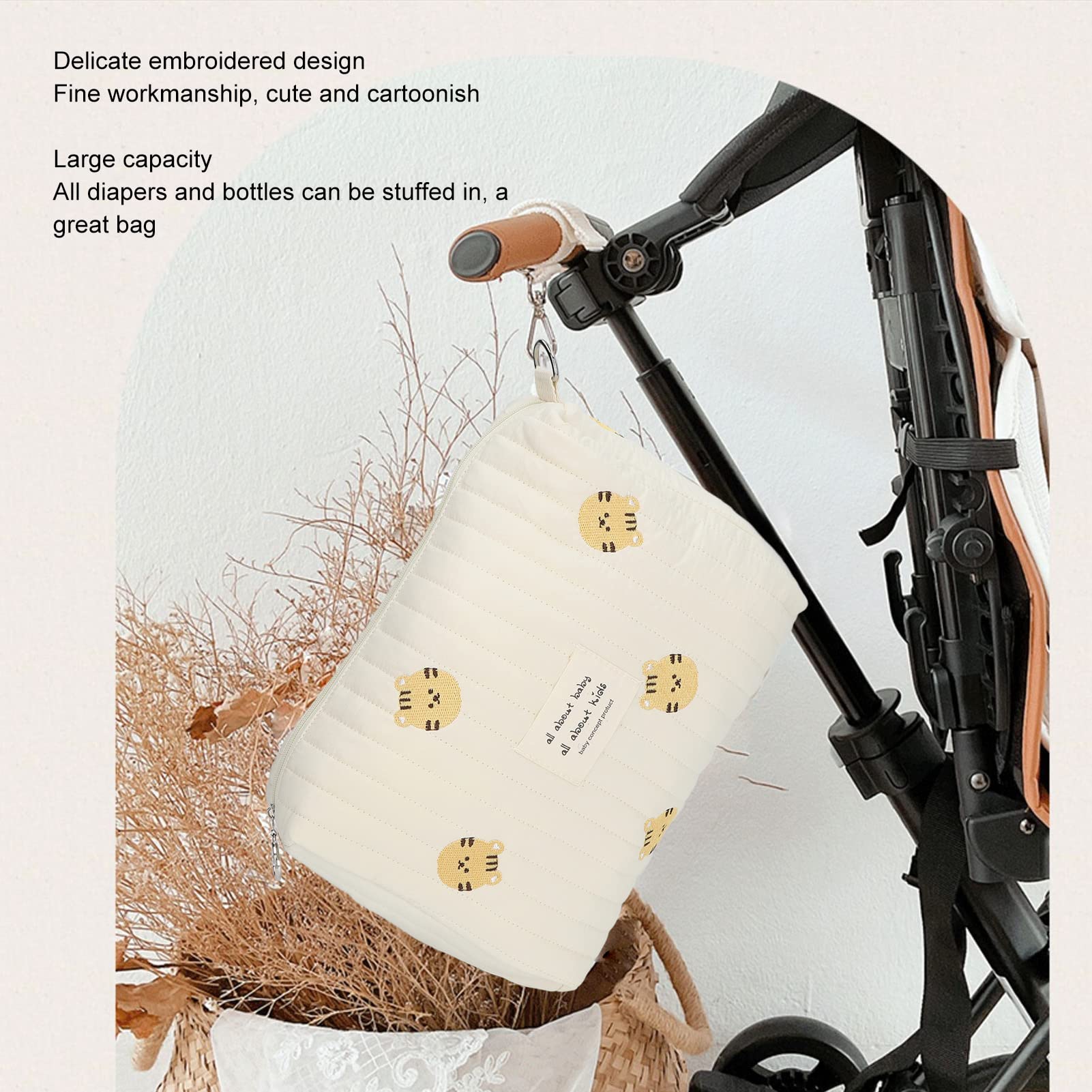 BONKZEBU Diaper Bag Organizer Pouch Stroller Bag Organizing Pouch Baby Stroller Organizer with Exquisite Embroidery Design Large Capacity for Travel Mom (Tiger Head)