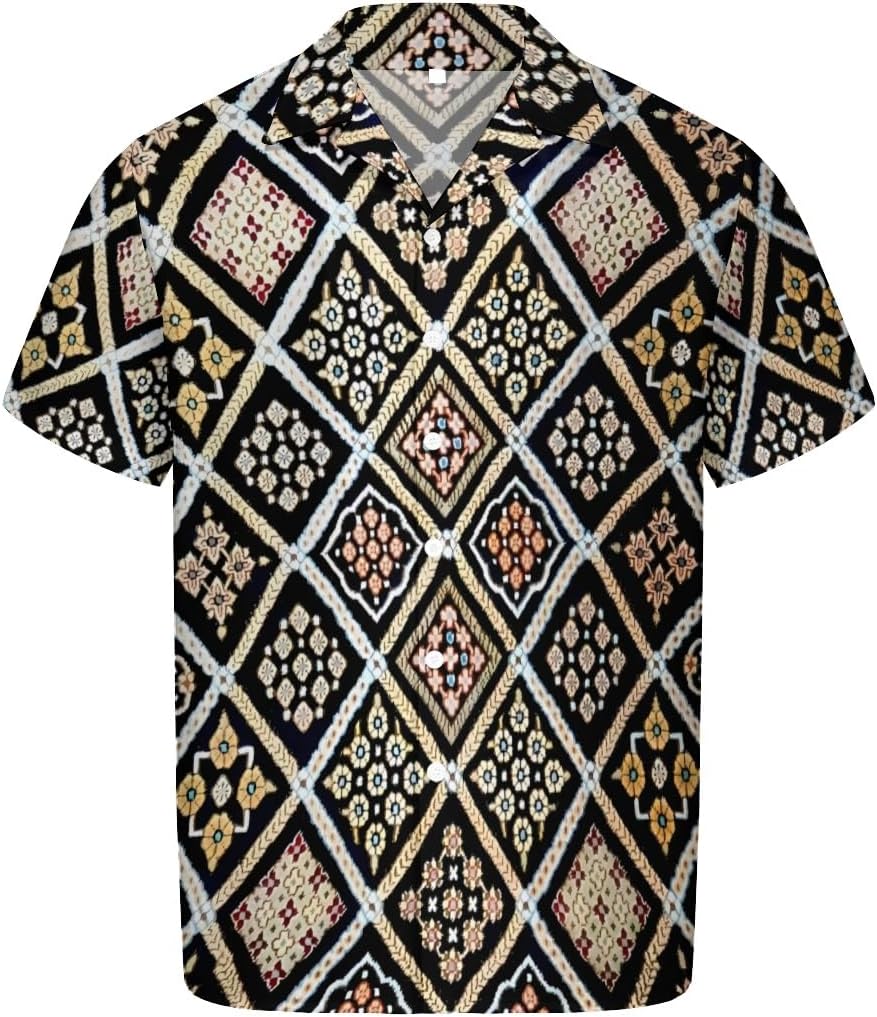 Bohemian Persian Modern Style Cuban Collar Pocketless Beach Polo Shirts Short Sleeved Men's Shirt