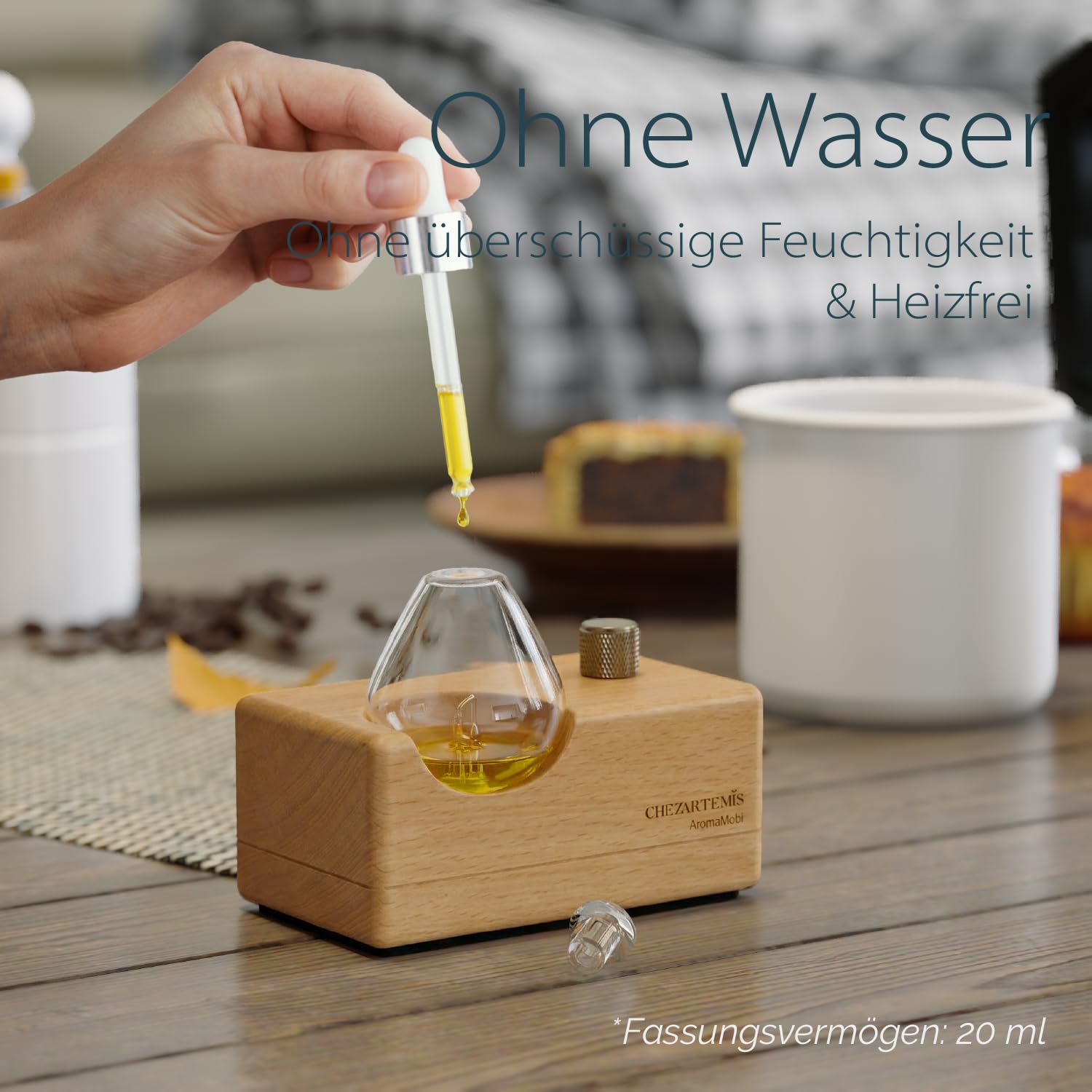 Watedrop Aroma Diffuser Kabellos, Wasserloser Diffusor für Aromatherapie, Elektrischer Duftöl Vernebler aus Glas & Holz, Tragbare Ätherische Öle Duftlampe für Große Räume Yoga Büro, Leise & Aufladbar