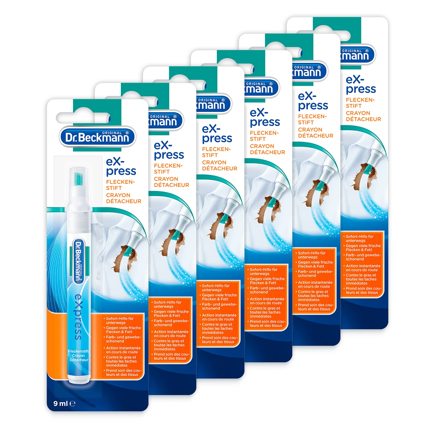 Dr. Beckmann Express Marqueur Anti-Taches | Détachant Efficace pour les Taches de Voyage | Solution Rapide et Facile | 6 x 10 ml