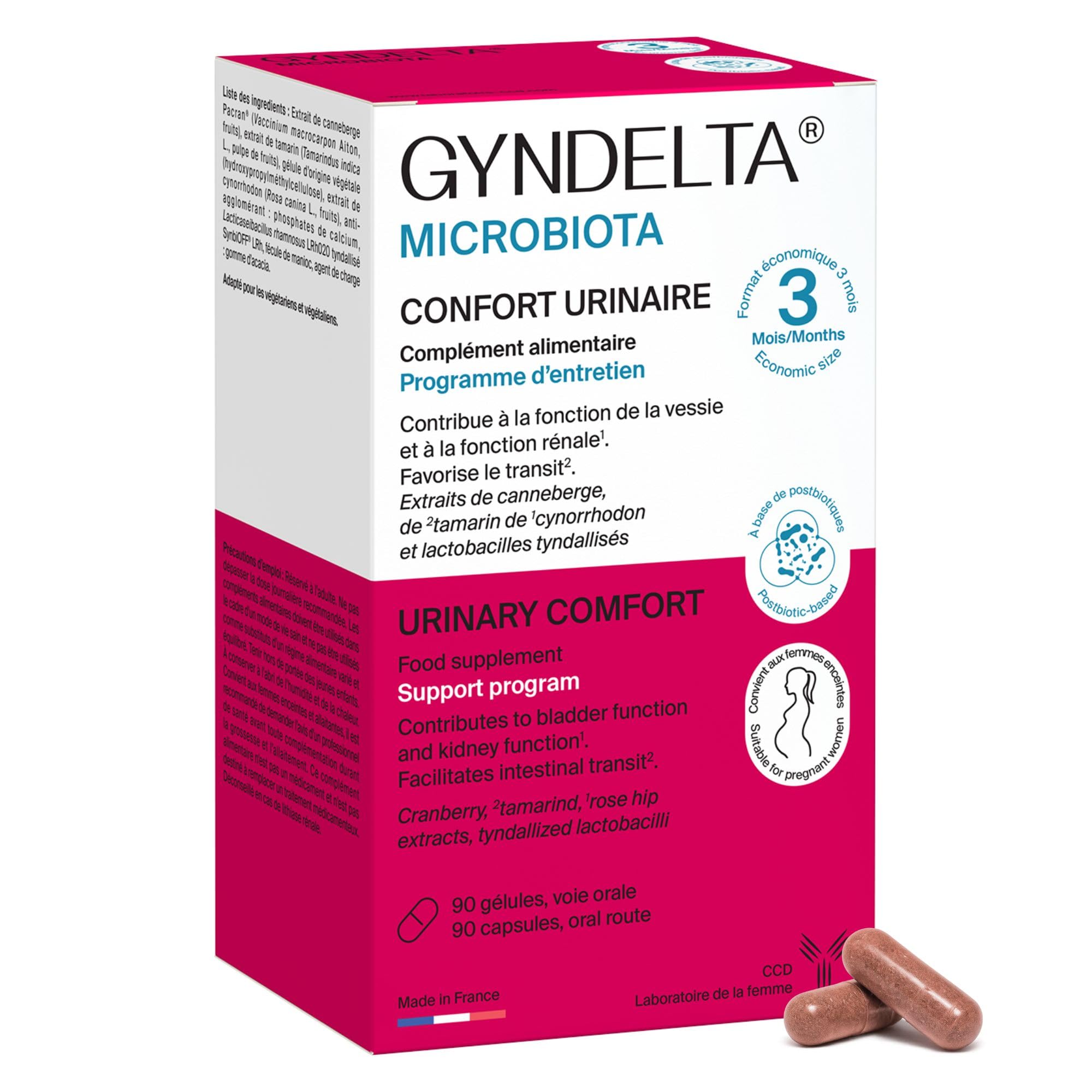GYNDELTA® Microbiota | Confort urinaire et digestif de la femme | Canneberge Pacran®, Tamarin, Cynorrhodon & probiotiques | 90 gélules végétales | Cure 3 mois | Fabriqué en France