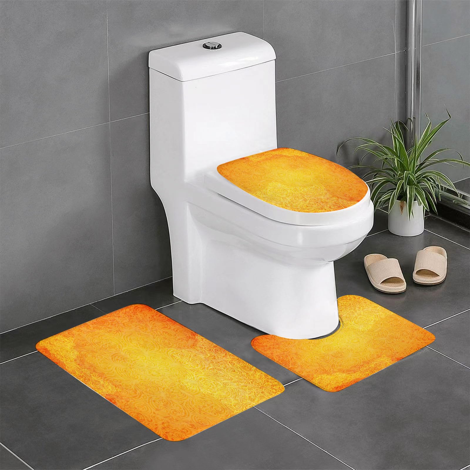 Set di 3 tappetini da Bagno, Lavabili in Lavatrice e Antiscivolo, tappetini in Morbida Fibra Superfine, Mandala Giallo, Motivo Tribale Indiano Arancione Vintage Grunge Riccio ornat