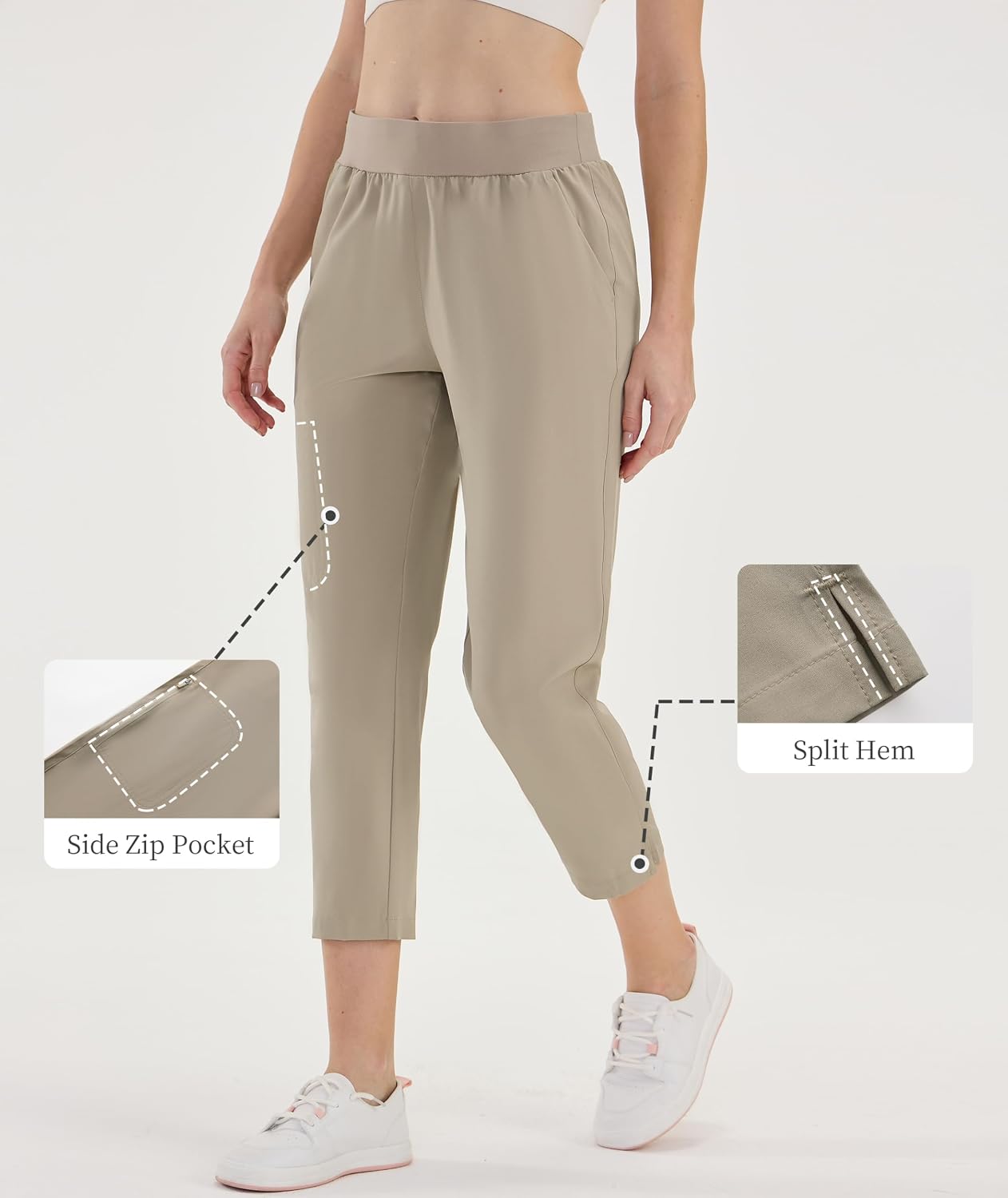 CQC Women's Golf Pants 7/8 Ankle Dress with 4 Zipper Pockets Water Resistant UPF 50+ Quick Dry Pants Workout Lounge Khaki S