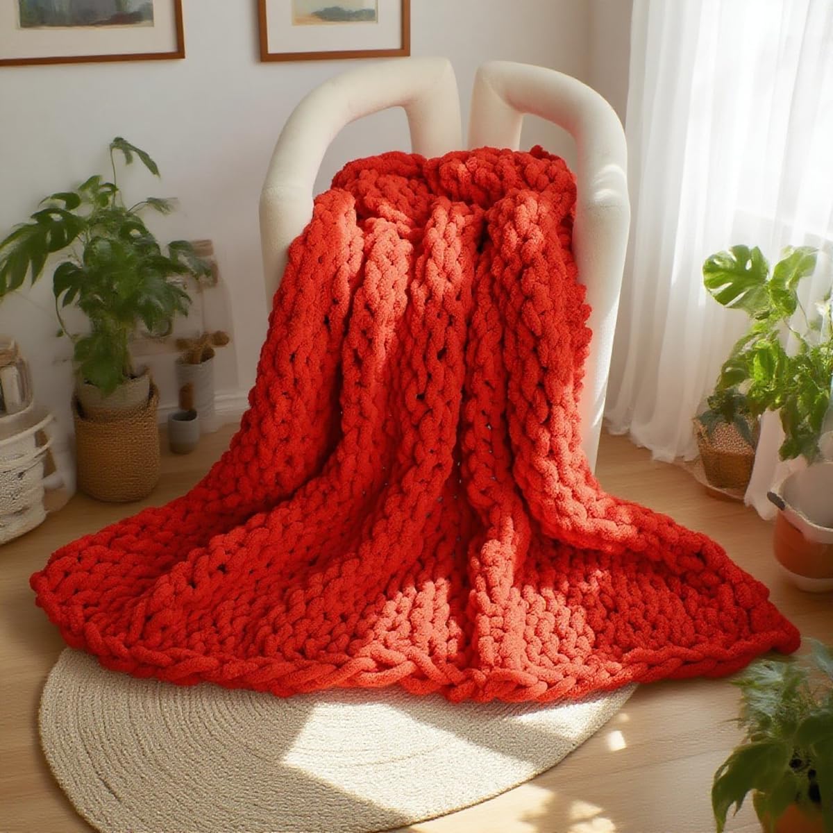 Handmade Chunky Knit Blanket, Cosy Chenille Throw (Throw (50" x 60"),Red)