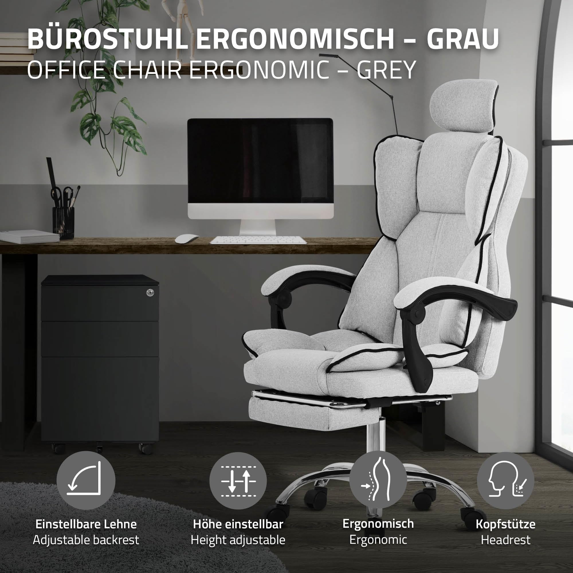 Ergonomiczne krzesło biurowe ML-Design, jasnoszare, krzesło biurowe z regulacją wysokości i wysokim oparciem, krzesło obrotowe z podnóżkiem, poduszką zagłówkiem krzesło komputerowe, krzesło gamingowe