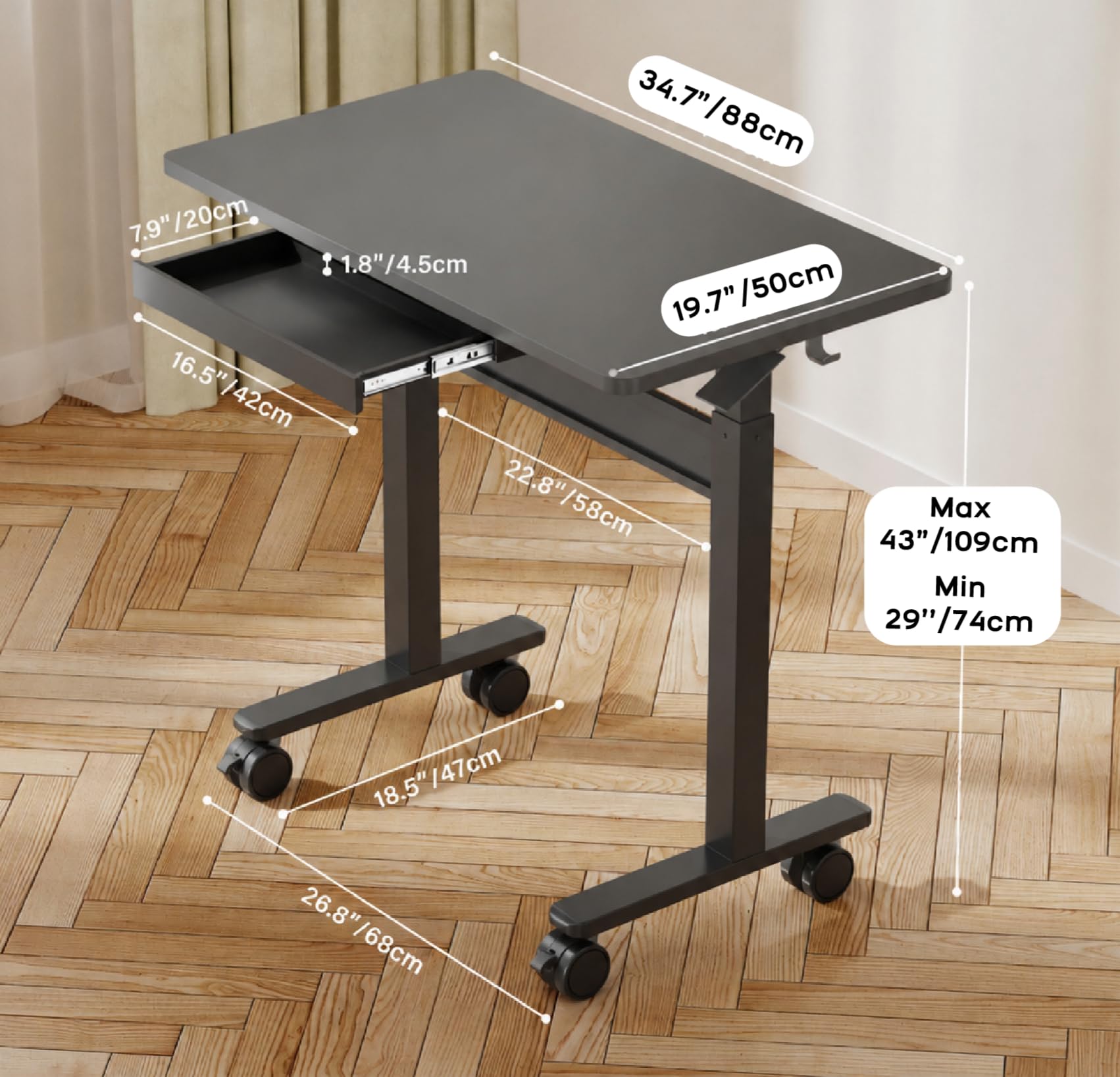 Escritorio Regulable en Altura Neumático con Ruedas, Mesa de Trabajo Ergonómica para Oficina en Casa, Soporte para Computadora Portátil, Móvil y Estable, Negro