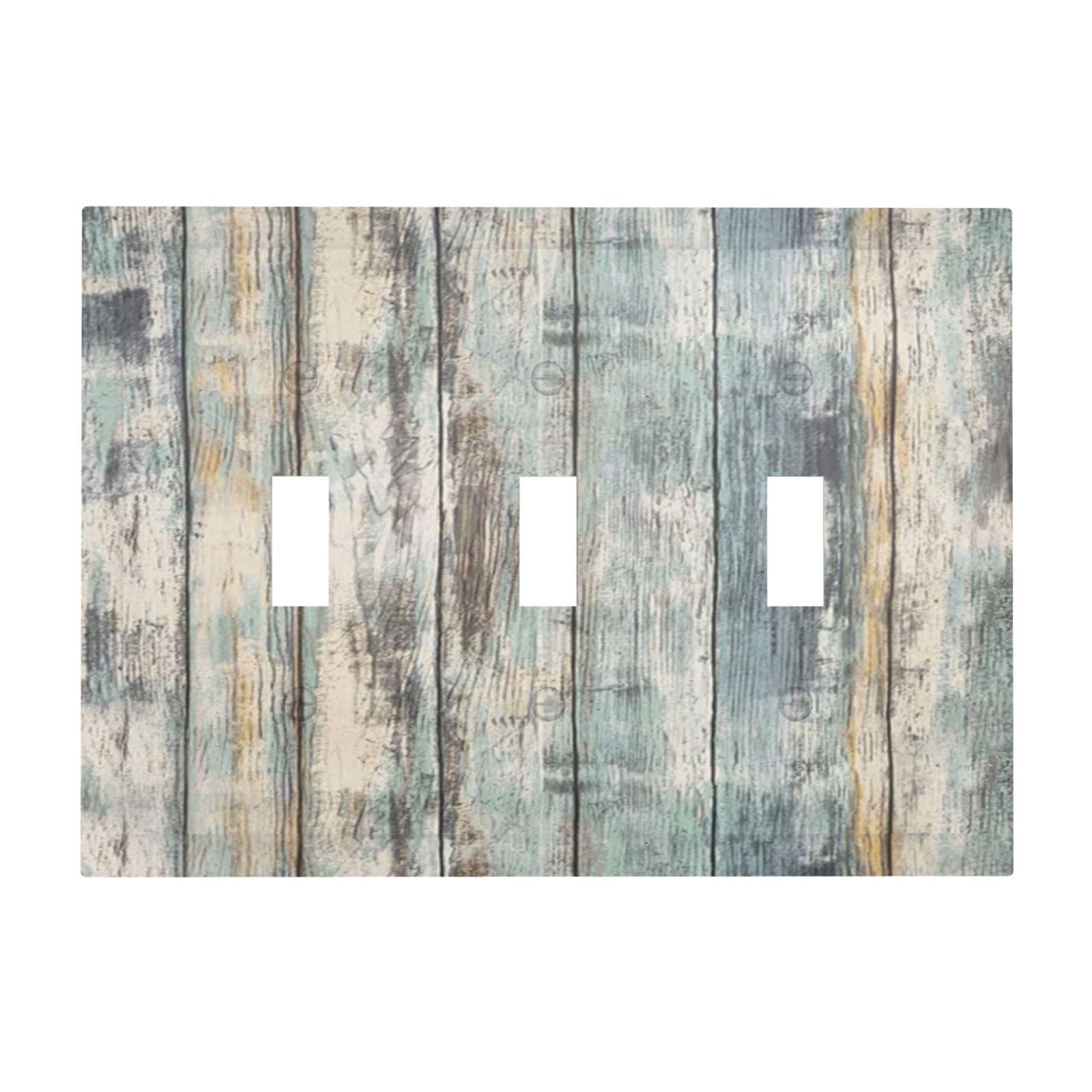 OILbiexn Decorative Switch Plate Cover with Vintage Grey Blue Wooden Board Wood Plank Design 3 Gang Artistic Wall Plate Unique Triple Toggle Light