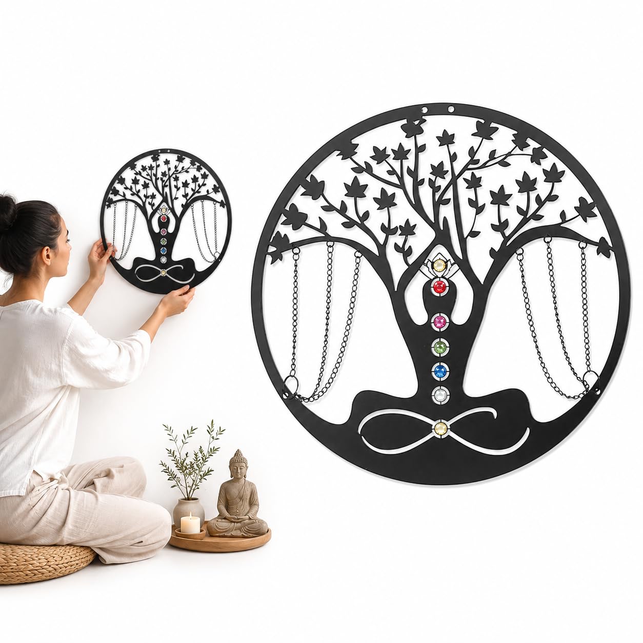 Decorazione da parete in metallo per yoga e meditazione nera, ideale come decorazione per la casa, per esterni, giardino, patio, soggiorno, camera da letto, collezione, per yoga, donna, 34 cm