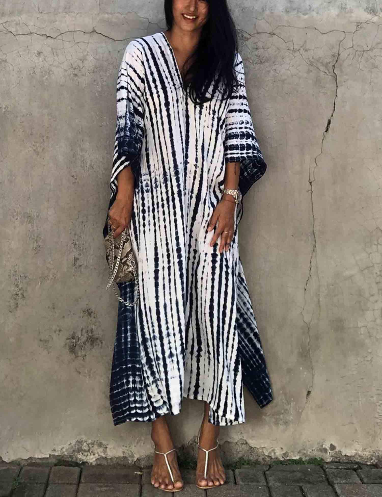 Damen Strandkleid Maxi Kaftan Boho Strandponcho Lange Bikini Cover Ups Sommerkleid Maxikleid Lose Maxi Kimono Kaftan Nachtwäsche Sleepwear One Size