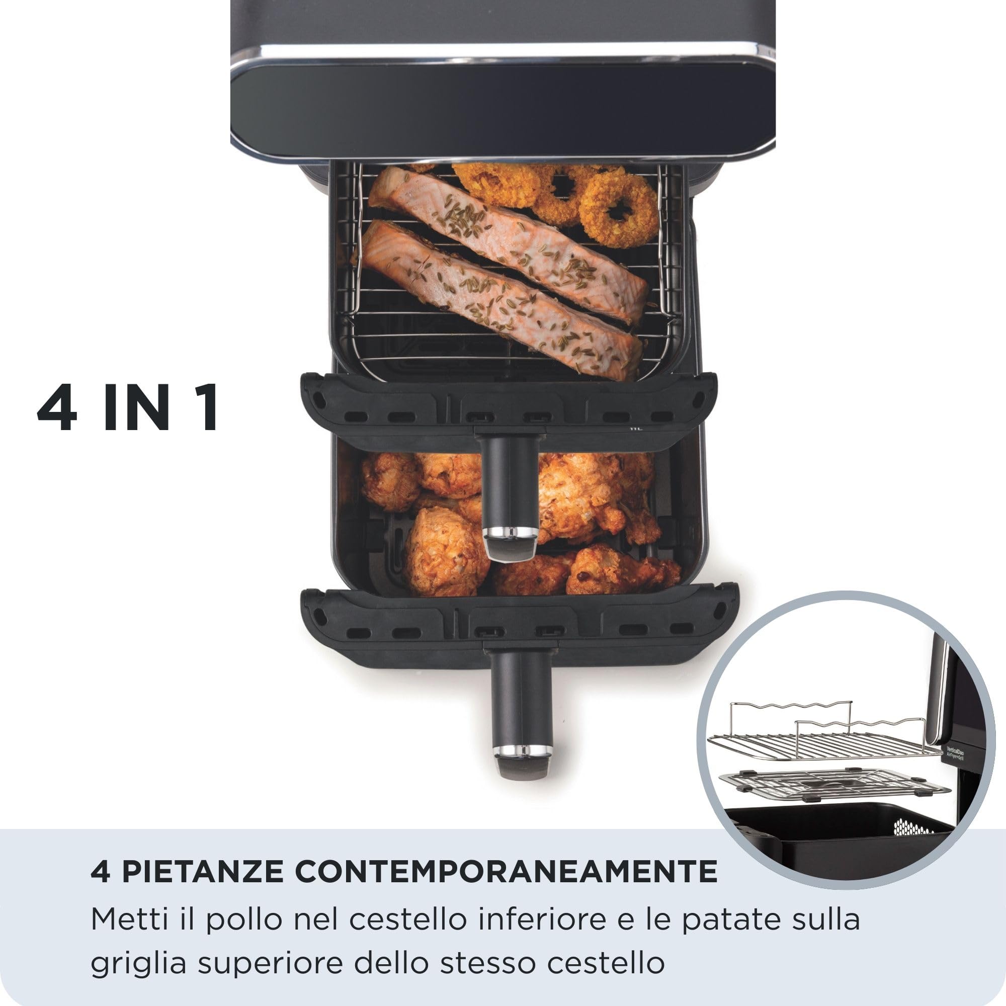 Ariete 4640/10 Air Fryer Vertical DUO, Friggitrice ad aria doppia verticale, 2460W, 11L, Due cestelli, Sync e Dual, 6 programmi, Funzione Grill, Fino a 200°C