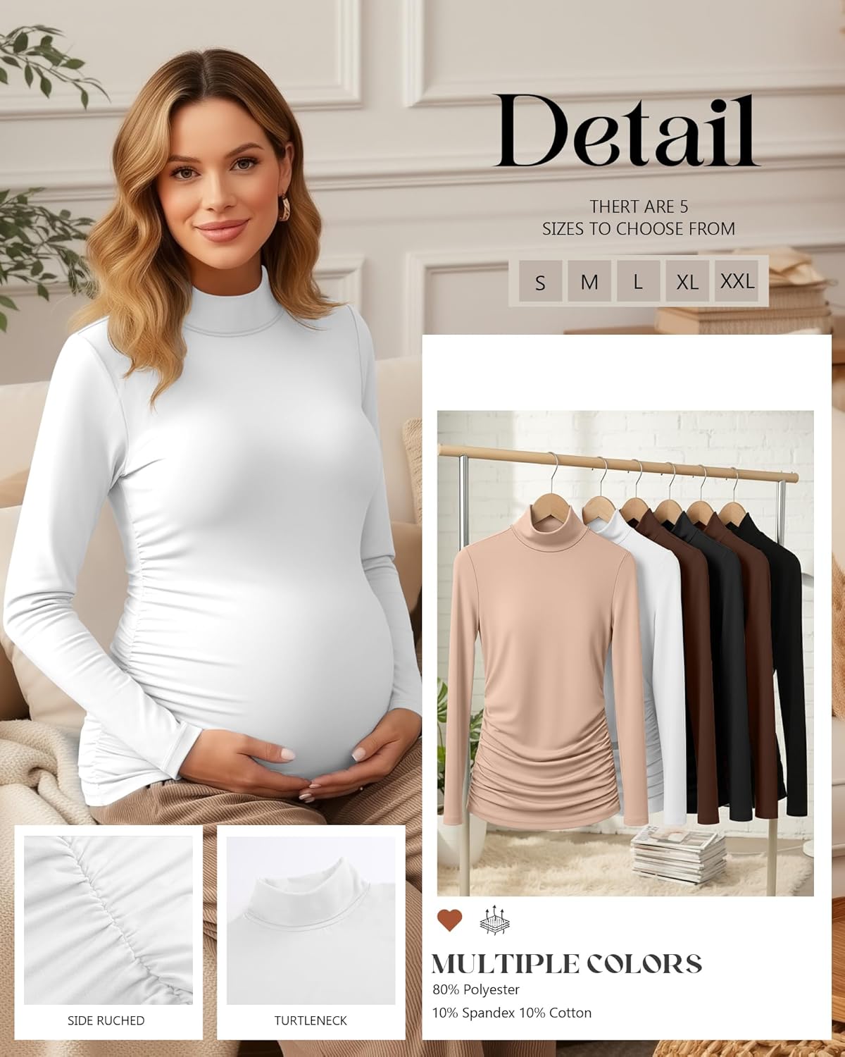 4 Pack Women's Maternity Shirts, Turtleneck Long Sleeve Pregnancy Tee Tops Side Ruched Mock Neck Maternity Clothes - Image 6
