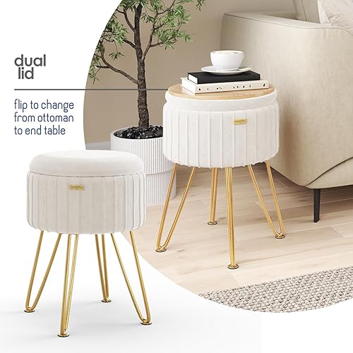 Miniatura 7 de STORAGEBUD Otomana redonda con almacenamiento, otomana de almacenamiento de terciopelo plisado, otomanas taburete para pies, taburete de tocador