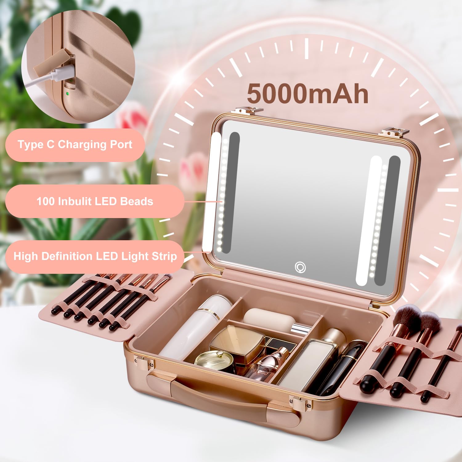 Mocado Travel Makeup Case with Lighted Mirror and Brush Dividers