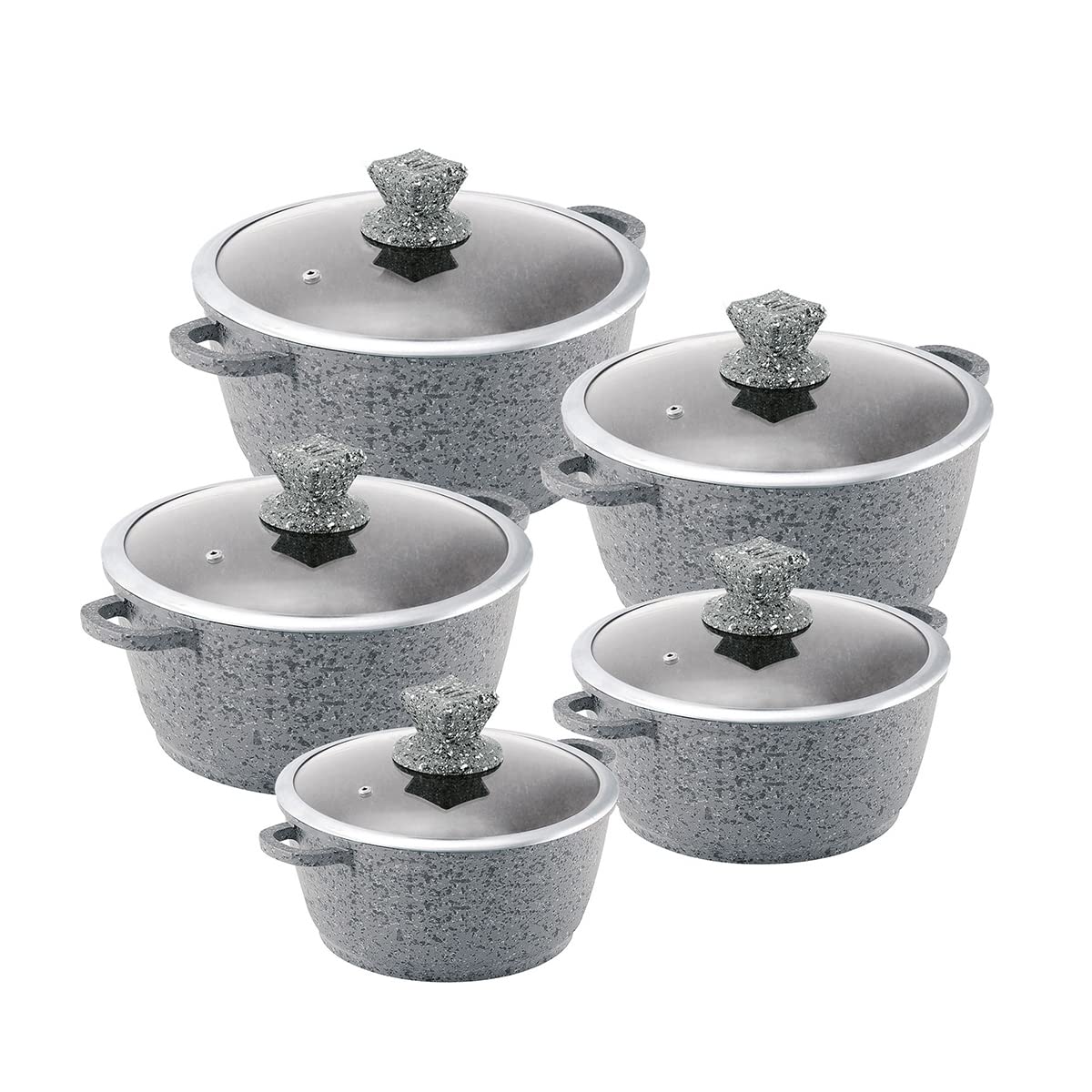 Granite Non-Stick Stockpot Set with Lids Casserole Set 5 - Grey