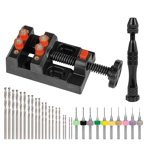 Miniatura 8 de Hakkin Kit de 32 taladros manuales para fabricación de joyas, taladro HSS de 0.031-0.118 in, abrazadera de tallado y taladros de PCB, prensa manual