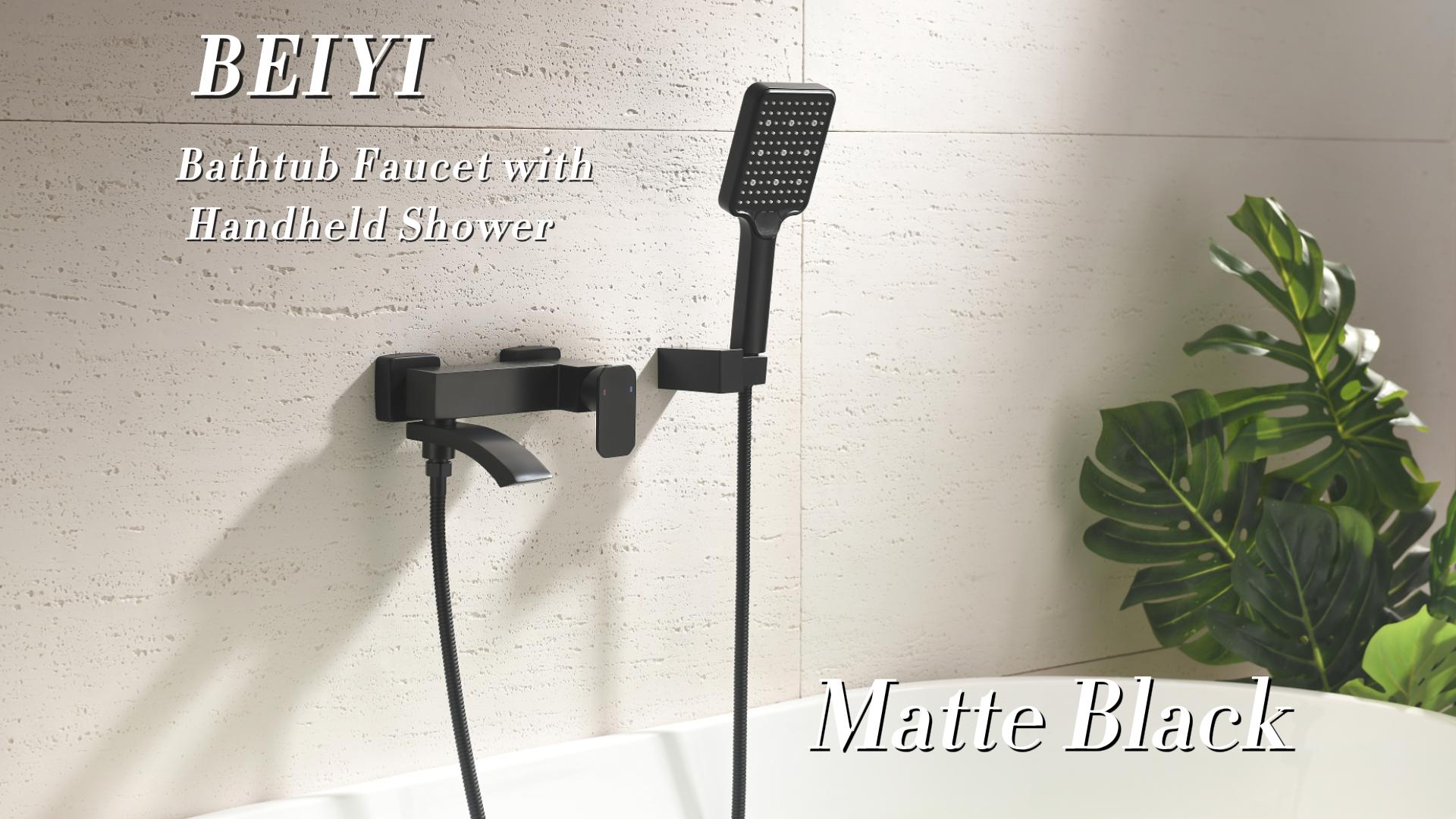 Grifo de bañera de montaje en pared con ducha de mano de 3 funciones | Grifería para bañera cuadrada de acabado negro mate con rociador portátil y grifo plegable alargado miniatura 7