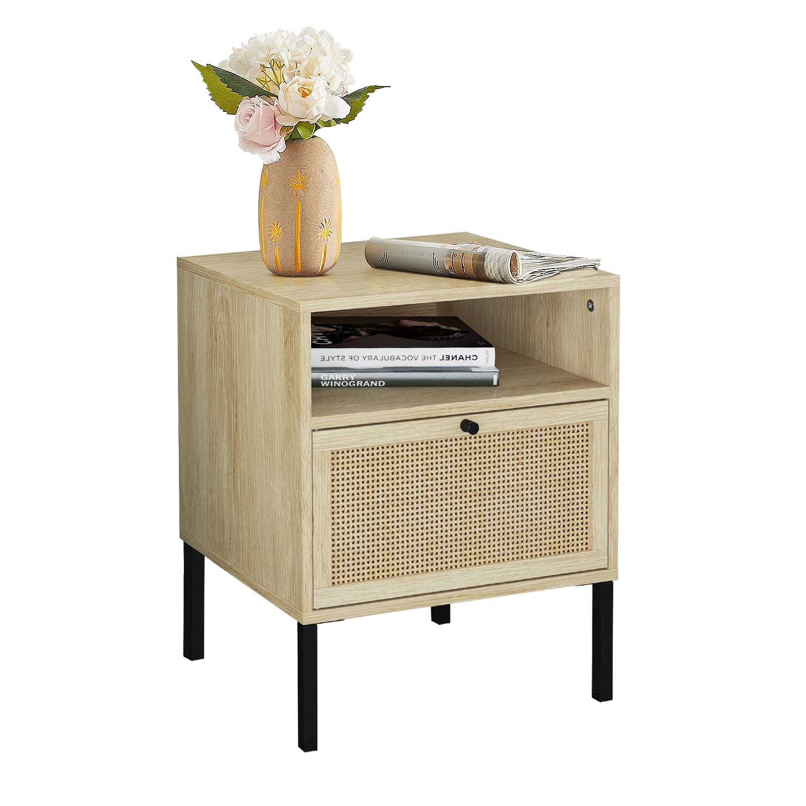 Recaceik Rattan Nightstand Side Table with Unique Wicker Shelf Storage Door Mid Century Elegant Sofa Side Bedside Tables End Tables Wood Matte Finish Accent Table w/Black Metal for Living Room Bedroom