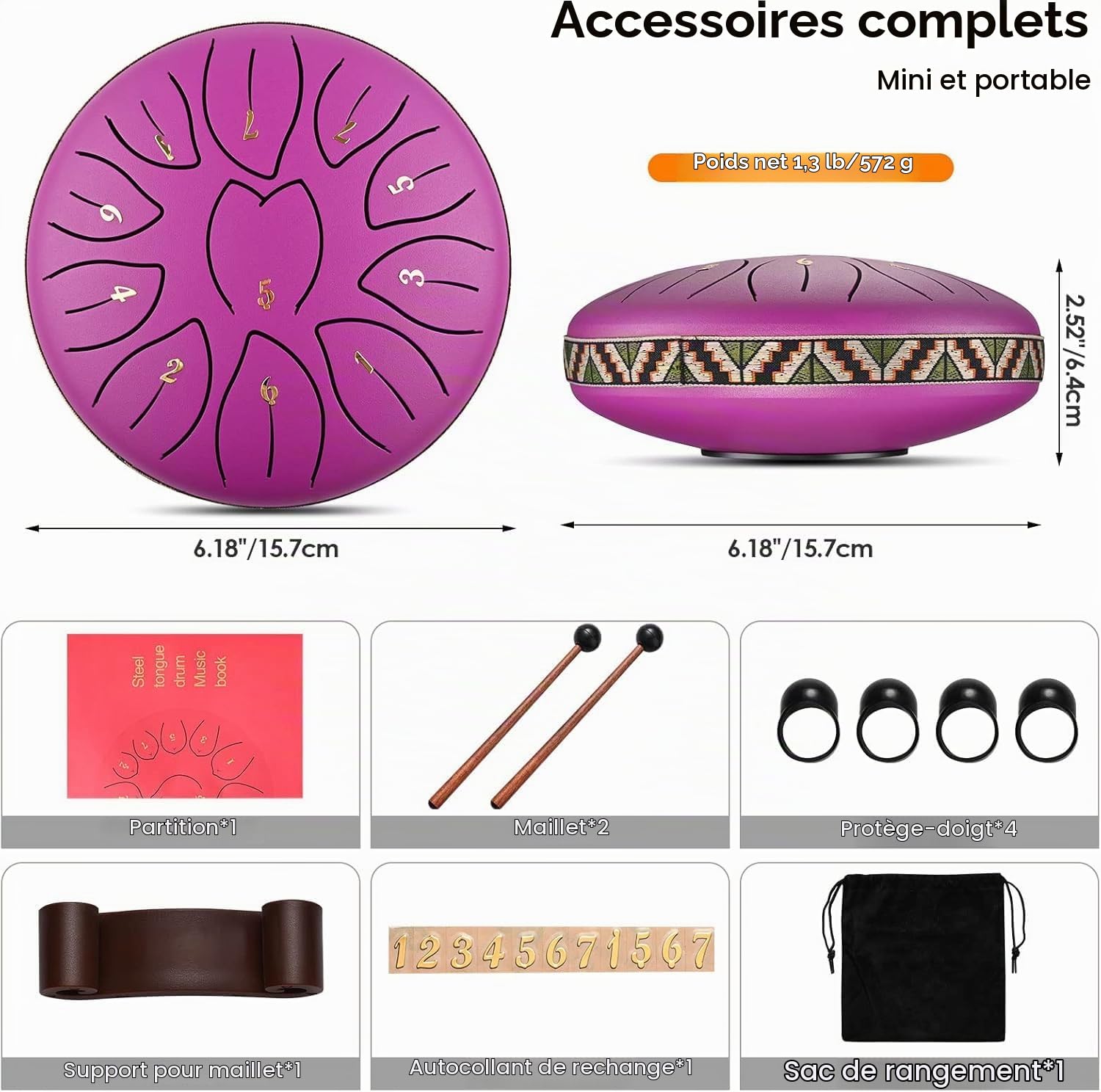 Tambour de Langue en Acier 6 Pouces 11 Tons Steel Tongue Drum Handpan Instrument Percussion avec Pilons, Sac de Rangement, Médiators, Livre de Musique pour Méditation, Yoga