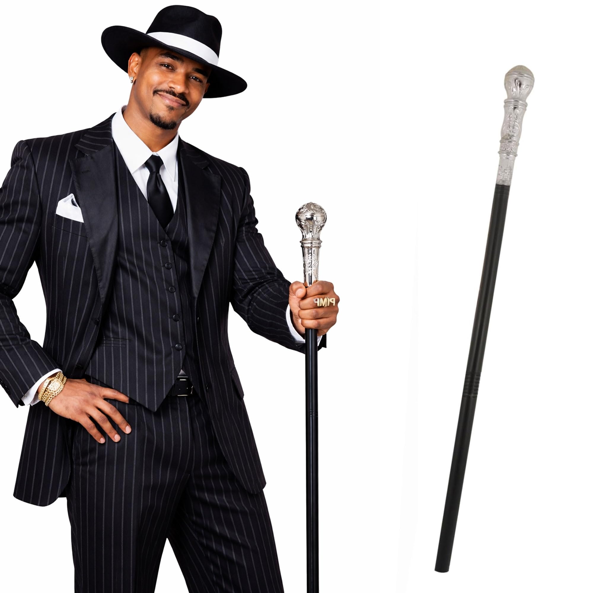 Makii Victorian Style Top Hat and Cane Set For Adults Black Top Hat Fancy Dress 1970's Gangster Pimp Staff For World Book Day Week (Silver Pimp Cane)
