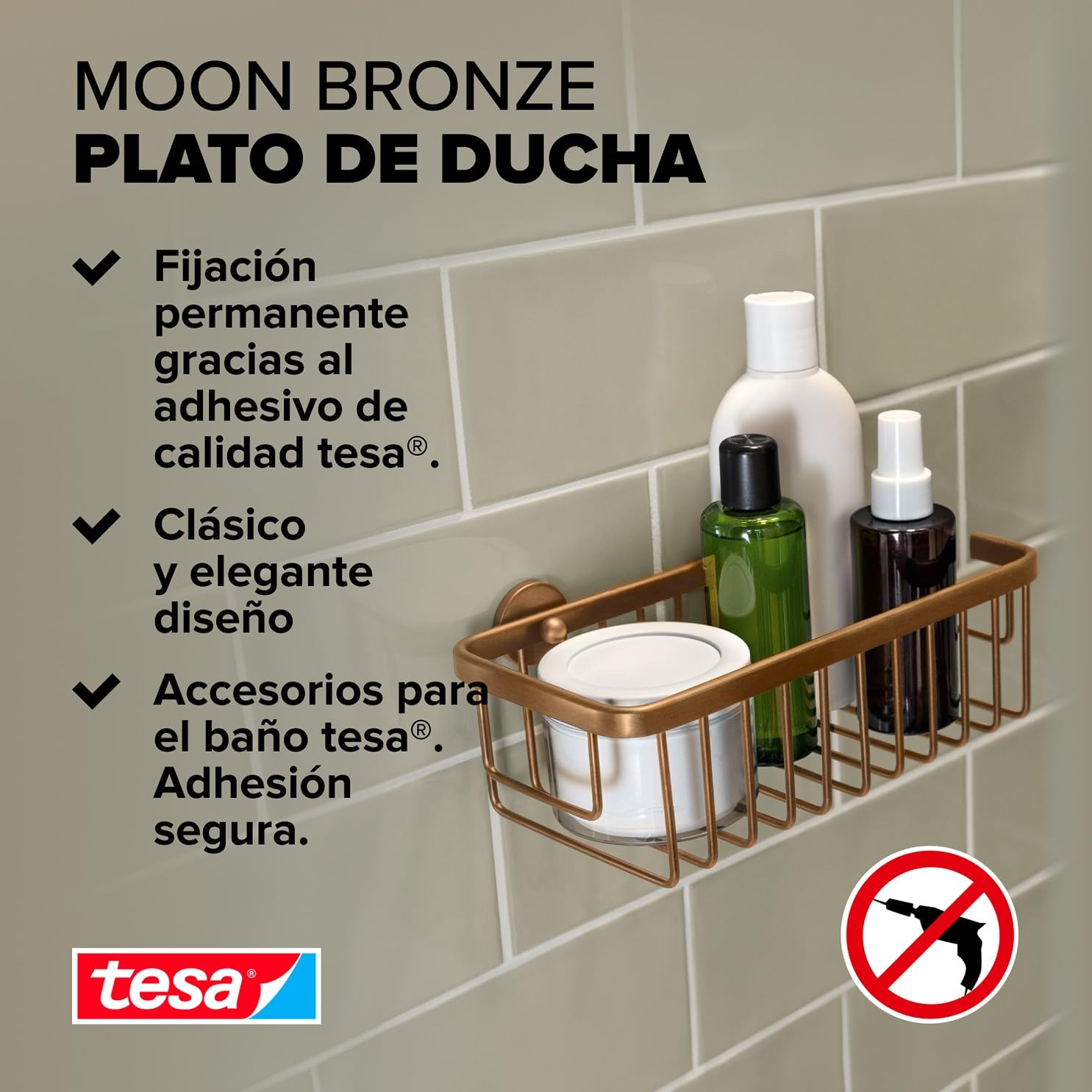 tesa MOON Cesta de Ducha Autoadhesiva - Canasta de 1 Nivel, Extra Profunda, de Metal Revestido de PVD, Cepillada en Bronce - sin Taladrar, Incluye Solución Adhesiva - 92 mm x 250 mm x 125 mm