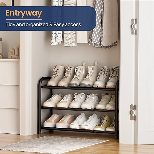 Miniatura 4 de ENJOYBASICS Zapatero expandible, estante organizador de zapatos ajustable de 3 niveles para armario, estante de almacenamiento de metal negro para