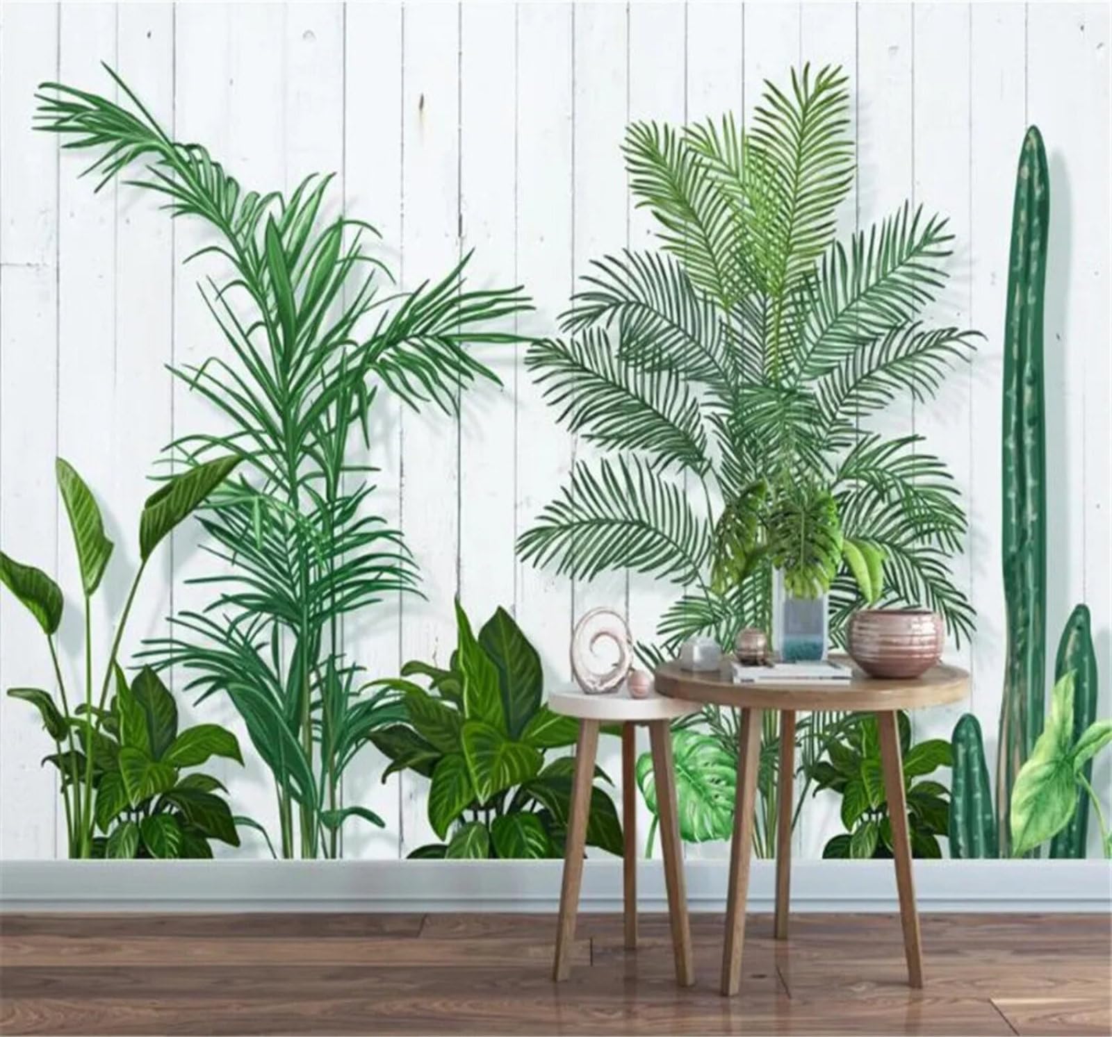 Tzxztt Minimalist Fresh Green Leaves Plants Wood Grain Modern 3D Wallpaper Premium Textured Silk Neutral Tones Material Ideal for Living Room Bedroom-400cm×280cm