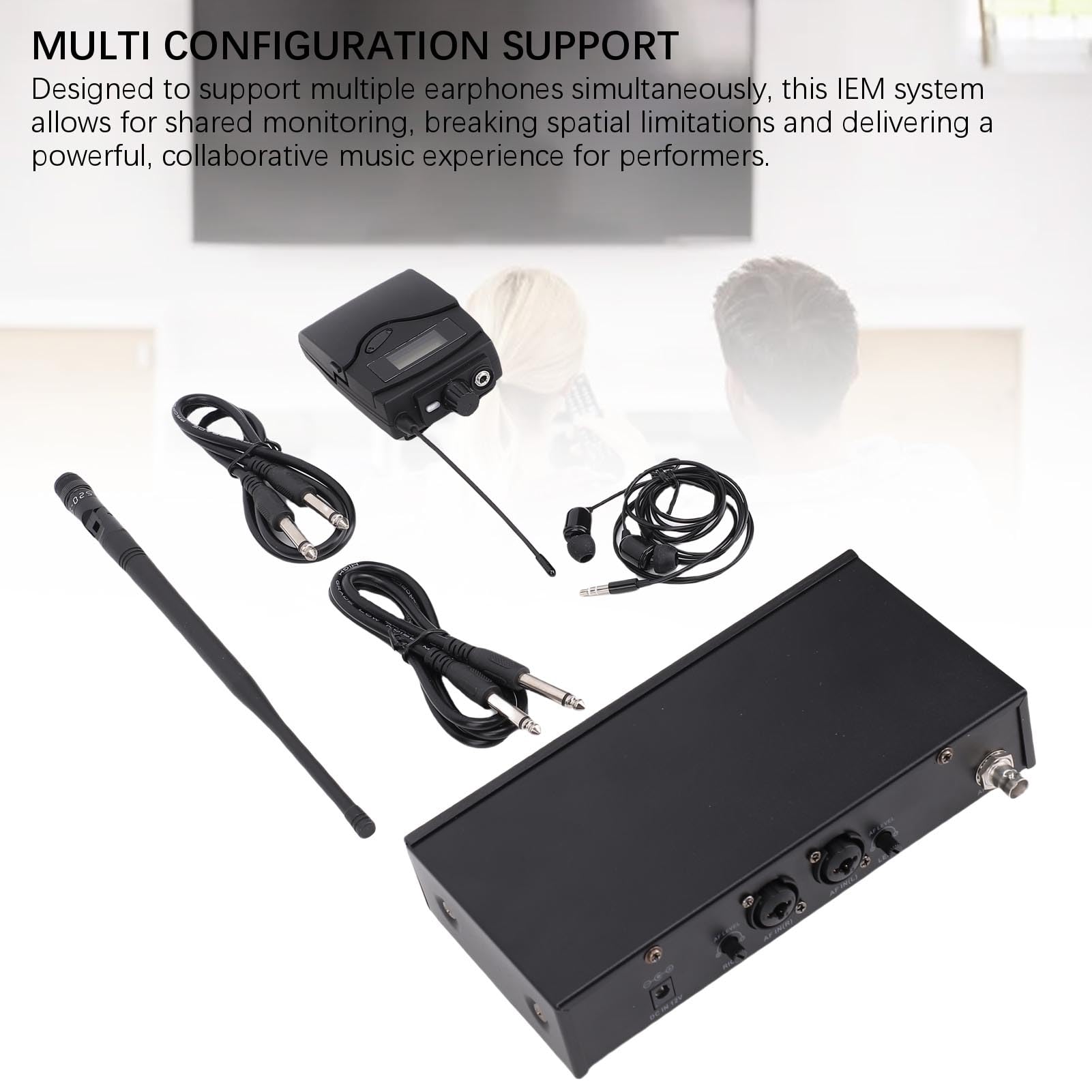 Bewinner Inalámbrico de Monitoreo Intrauditivo, UHF 550-590 MHz con Receptor Transmisor de Petaca, Pantalla LCD, Audio de 24 Bits/192 KHz, Alcance de 50 M para Bandas de Estudio en KTV (Enchufe de