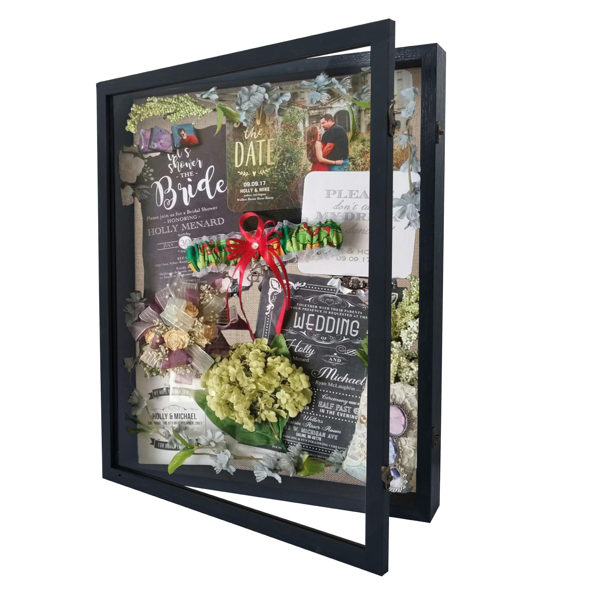 GraduationMall 16x20 Wood Shadow Box Frame Glass Door Display Case with Linen Back and 6 Stick Pins,1.5 inches Interior Depth,Ideal for Memorabilia Pictures Flowers Medals Tickets Rustic Black