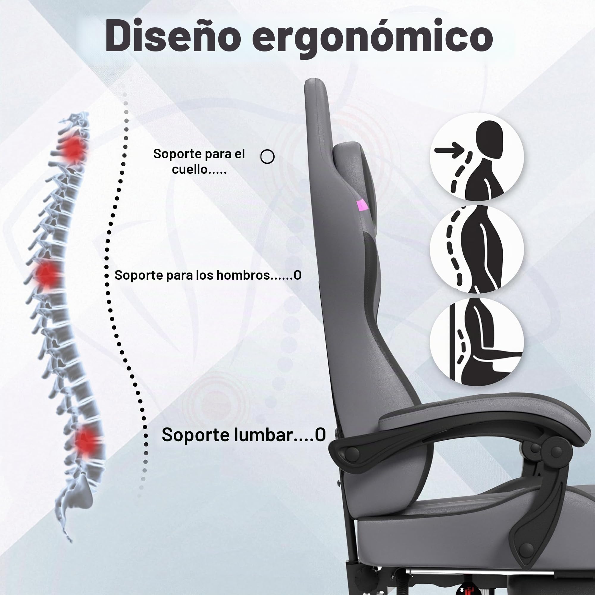 UISEBRT Silla de Gaming Ergonómica con Masaje y Reposapiés, Cómodo Asiento de Gaming Silla de Gaming con Respaldo Ajustable, Reposacabezas y Cojín Lumbar de Masaje - Gris & Negro & Violeta