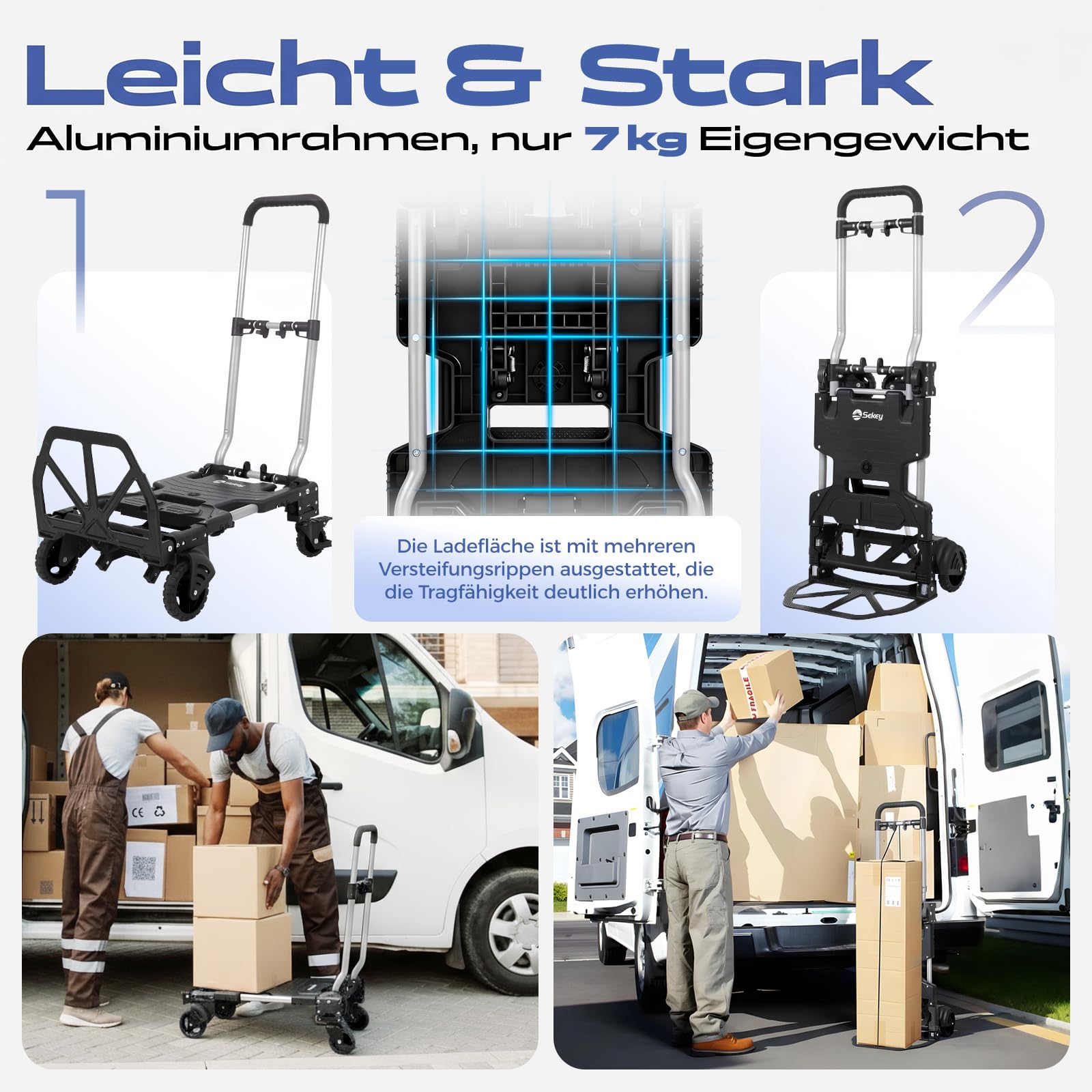 Sekey Sackkarre Klappbar & Klappbarer Transportwagen 2-in-1, Aluminium Plattformwagen belastbar bis 150 kg, Transportkarre mit TPR-Doppellagerräder, Bremse & Ergonomischem Griff, Schwarz