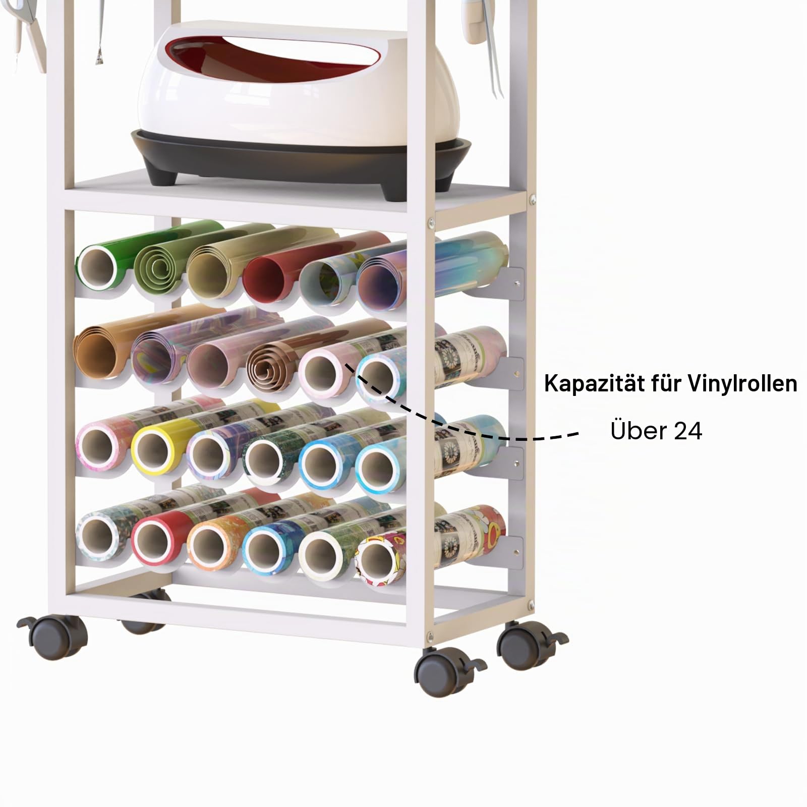 Rollwagen mit Basteltisch, Organisations-Arbeitsplatz, kompaktes, abnehmbares Design, Aufbewahrungs- und Organisationslösung mit 24 Vinyl-Rollenhaltern(weiß)