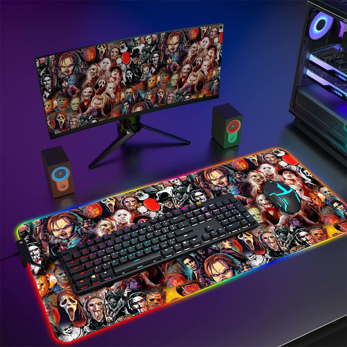 Horror Monster XXL RGB, Tappetino Per Mouse LED Anime, Superficie Impermeabile, 14 Modalità Di Luce, Esteso Per Gaming E Lavoro, 40 X 90 Cm