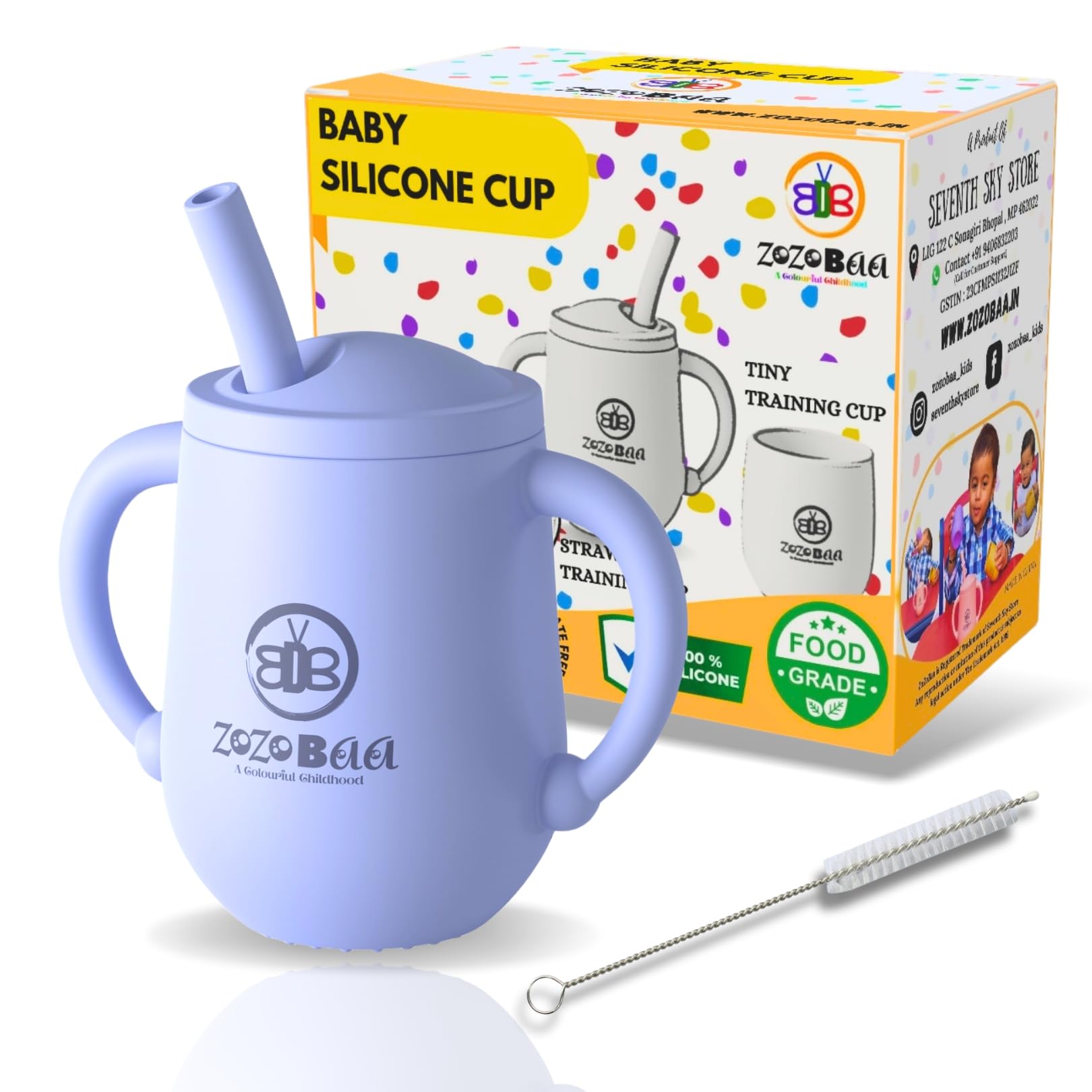 Small Silicone Drinking Training Sippy Cup/Glass with Straw, Lid & Easy Grip Handles for Toddlers| Unbreakable 3 in 1-Open,Feeding & Sipper Cup for Kids/Baby 6+ Month, Purple - 120 ML