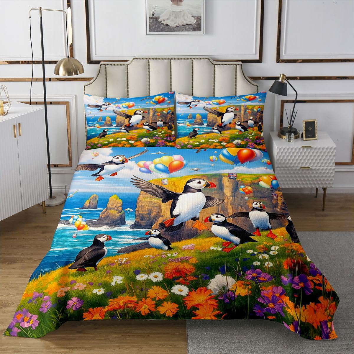 Homewish Juego de colcha de regalo de frailecillos, tamaño King, con temática de pájaros oceánicos, paisaje costero, juego de edredón para niños, adolescentes y niñas, ropa de cama acolchada con