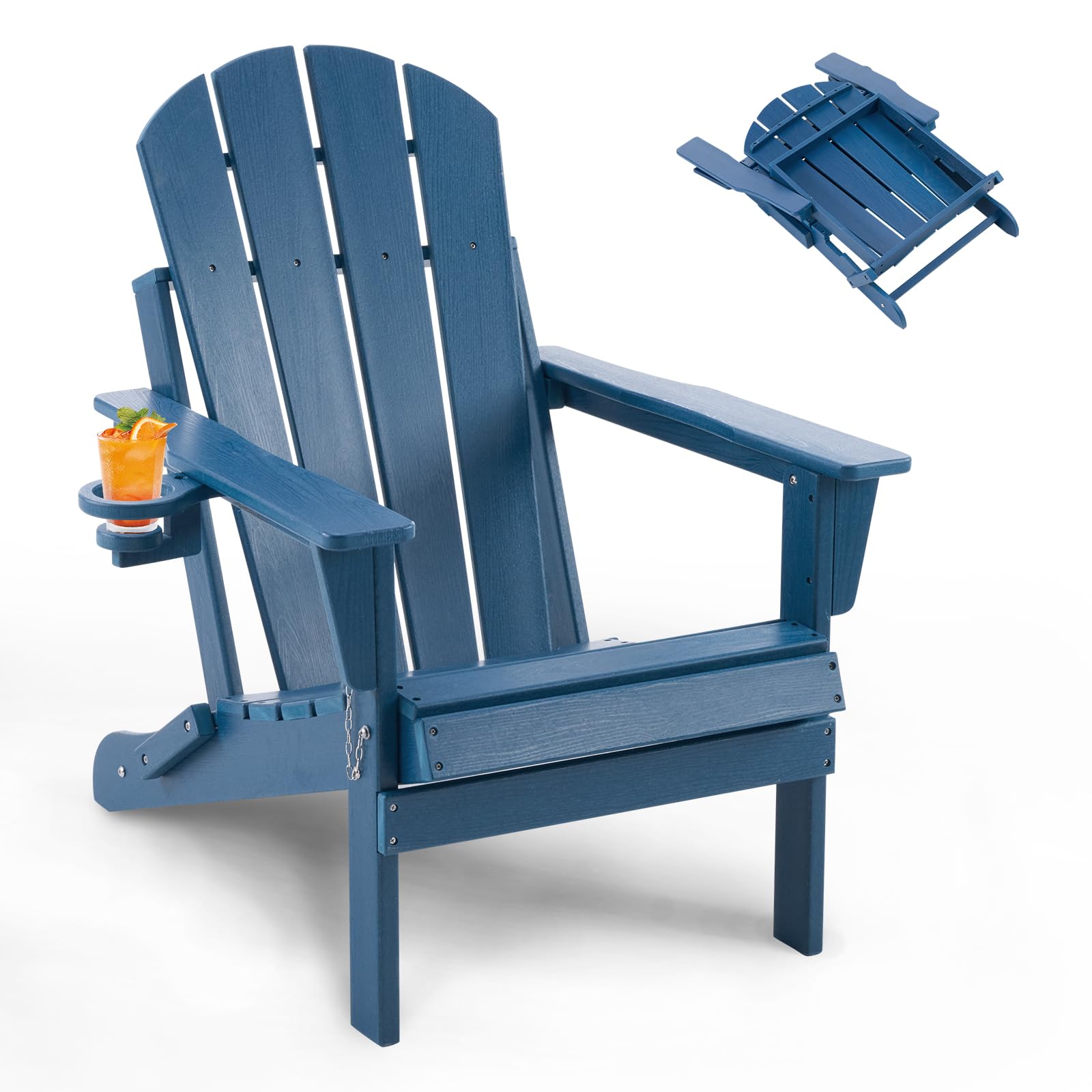 Adirondack Stuhl Klappstuhl mit Getränkehalter, Wetterfest Gartenstuhl Patio Stühle, Gartensessel aus Kunststoff für Garten, Terrasse und Balkon, Blau