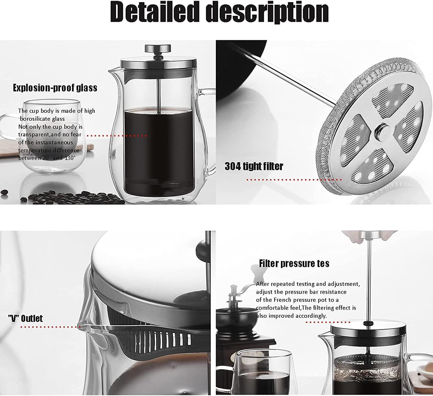 Cafetera de prensa, prensa de café, caffettiere, cafetera, cafetera de prensa francesa, cafetera de prensa francesa, vidrio de borosilicato de doble pared, sistema de filtración de acero inoxidable 30