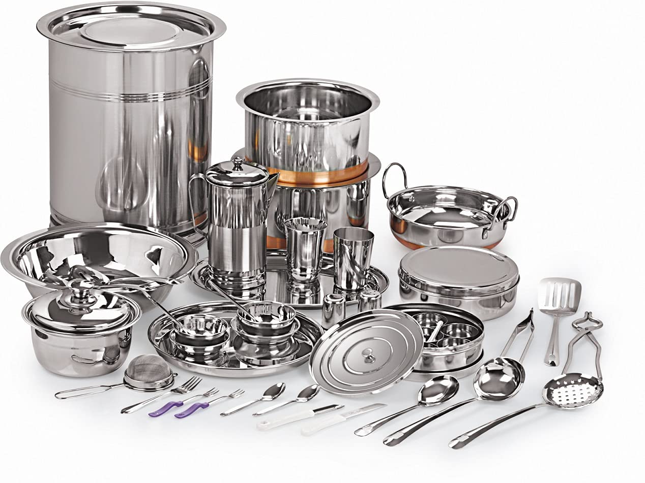 Neelam Stainless Steel Dinner Set, Durable Quality, 101 Pieces Set, Ideal Gifting Dinner Set, Ideal for Special Occasions Like Anniversary, Wedding, Housewarming Party, Silver