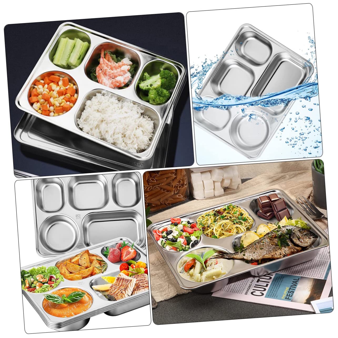 Lot de 3 Assiettes Repas en Acier Inoxydable à Trois Compartiments