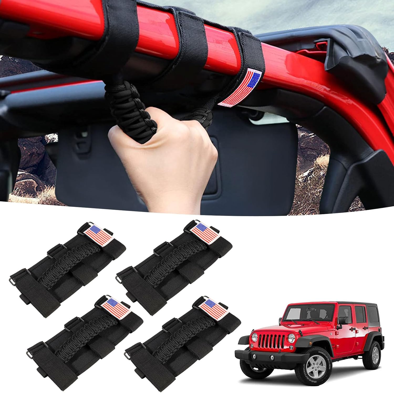 GAIZON 4 Pack Grab Handles Paracord Roll Bar for Jeep Wrangler Accessories CJ YJ TJ JL JK LJ JLU JKU Sahara Freedom Rubicon,Gladiator JT 1955-2023 Interior Accessories with America Flag(Black) GAIZON 4 Pack Grab Handles Paracord Roll Bar for Jeep Wrangler Accessories CJ YJ TJ JL JK LJ JLU JKU Sahara Freedom Rubicon,Gladiator JT 1955-2023 Interior Accessories with America Flag(Black)