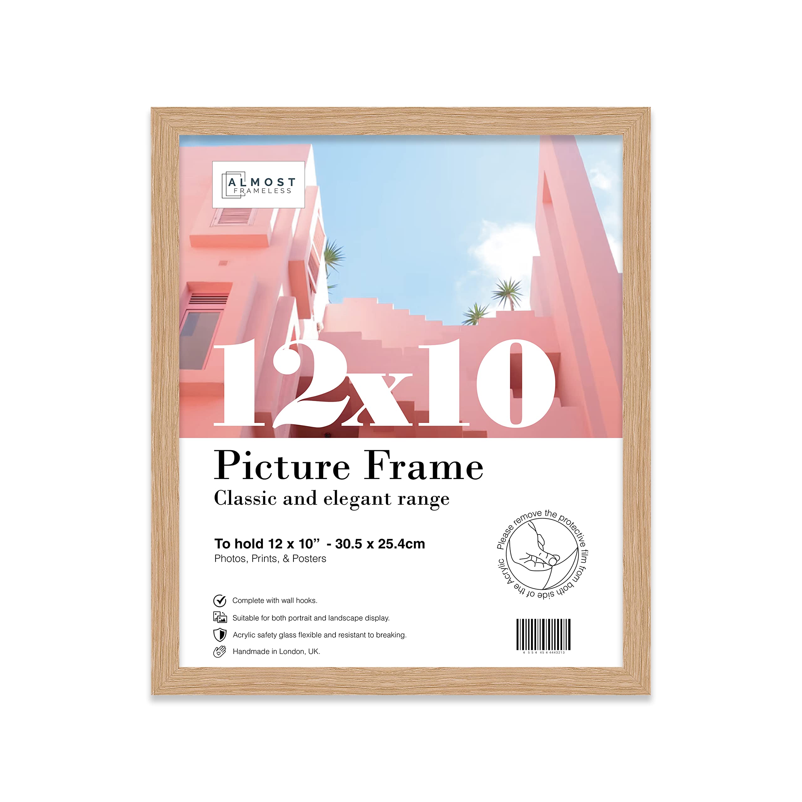 Almost Frameless 12x10 Oak Picture Frame 12"x10"(30.5x25.4cm) Poster, Photo, Artwork, or Print. Thin Edge Slim Frame Portrait and Landscape Display with Wall Hooks