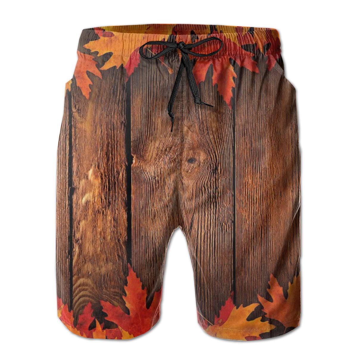 Men Swim Trunks Beach Shorts,Dryeaves Poured onto Wooden Board Cabin Cottage Rustic Countryife Theme Print L