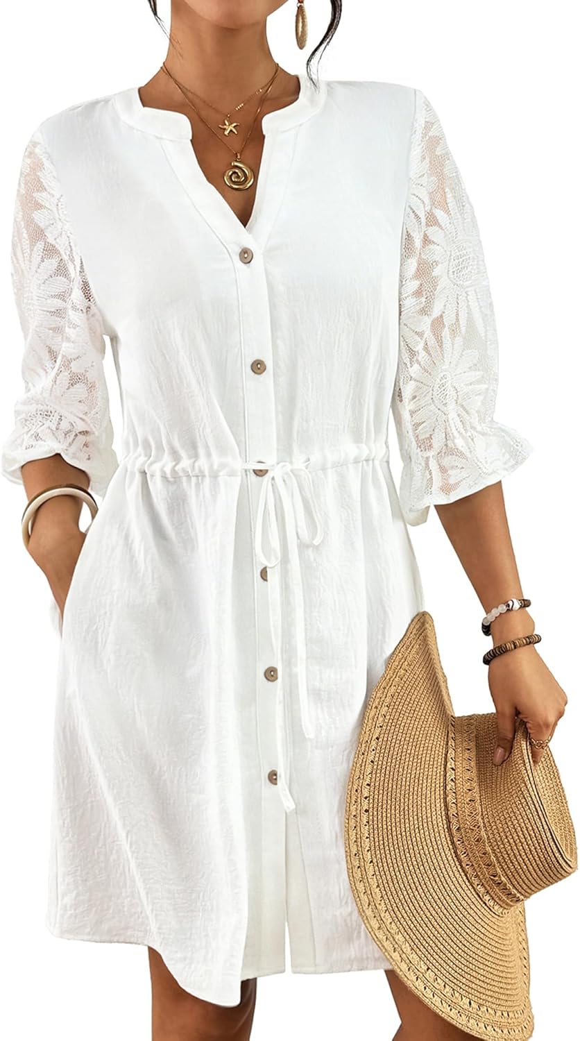 Bsubseach Swimsuit Coverup for Women Button Down Bathing Suit Cover Up with Pocket Drawstring Bikini Beach Shirt Dress