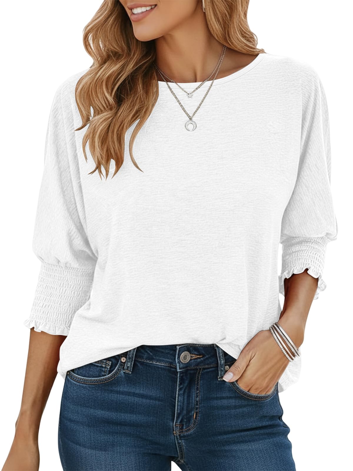 Cuptacc Tshirt Damen Elegante Rundhals Langarmshirt Lose Casual Bluse Basic 3/4 Ärmel Tunika Gesmokt Stulpe Oberteil