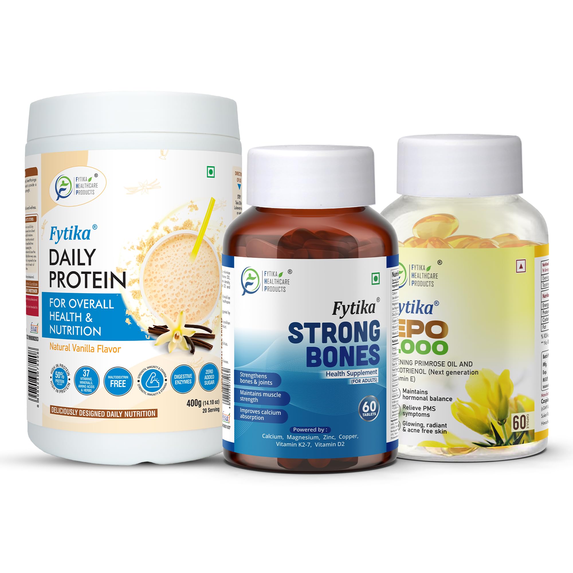 FYTIKA Daily Protein powder Vanilla flavour-400G + Fytika Strong bones with Calcium and Vitamin D2-60 Tabs + Fytika EPO 1000 Evening Primrose Oil-60 Softgel-image-45