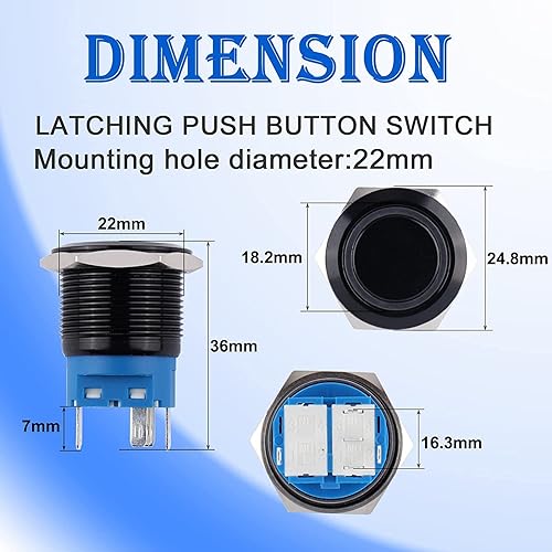 Vista 21 de Interruptor de botón momentáneo de 0.748 in, impermeable, 12V-24V, 1NO 1NC, anillo de interruptor de botón de aleación de aluminio negro LED