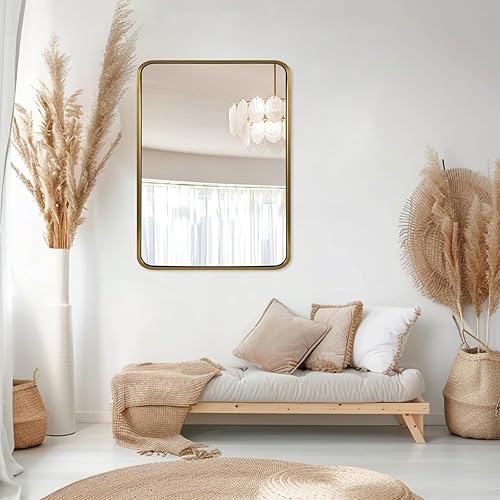 Miniatura 8 de ANDY STAR Espejo de baño de latón, 22 x 30 pulgadas, espejo rectangular redondeado, espejo de tocador de baño dorado cepillado, marco de tubo de