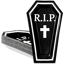 Whaline 24Pcs Halloween Paper Plate Coffin Shape RIP Disposable Plate Black White Dinnerware Plates for Party Supplies Table Decor, 9.8 x 5.9 in