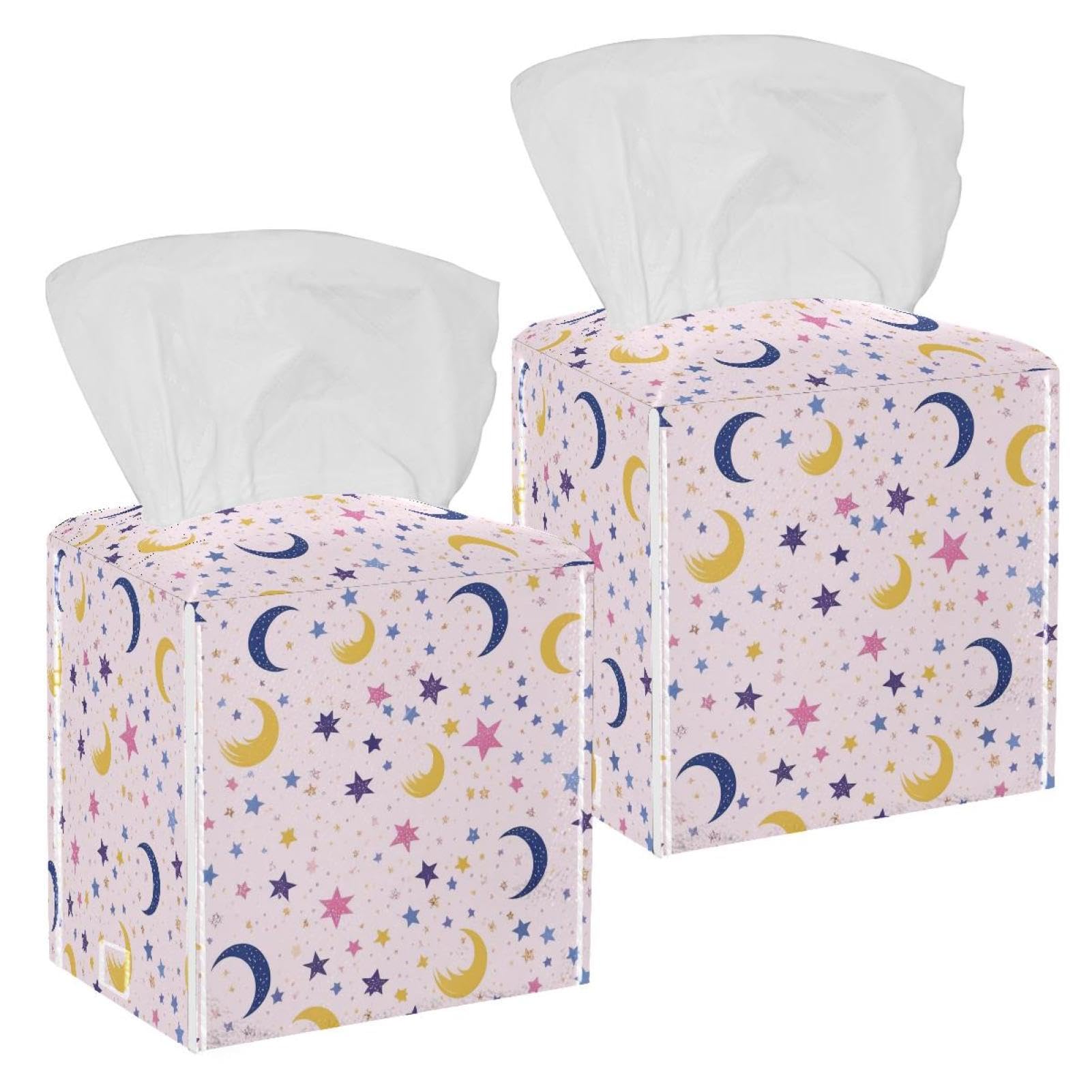 Stars and Moon Tissue Box Cover, 2 Pack PU Leather Square Facial Tissue Dispenser Box holder for Home Office Car